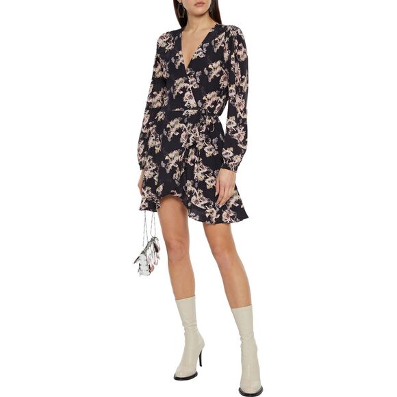 IRO Womens Dress Size 34 Black Floral Wrap Ruffle Hem Crepe XENA - Picture 1 of 7